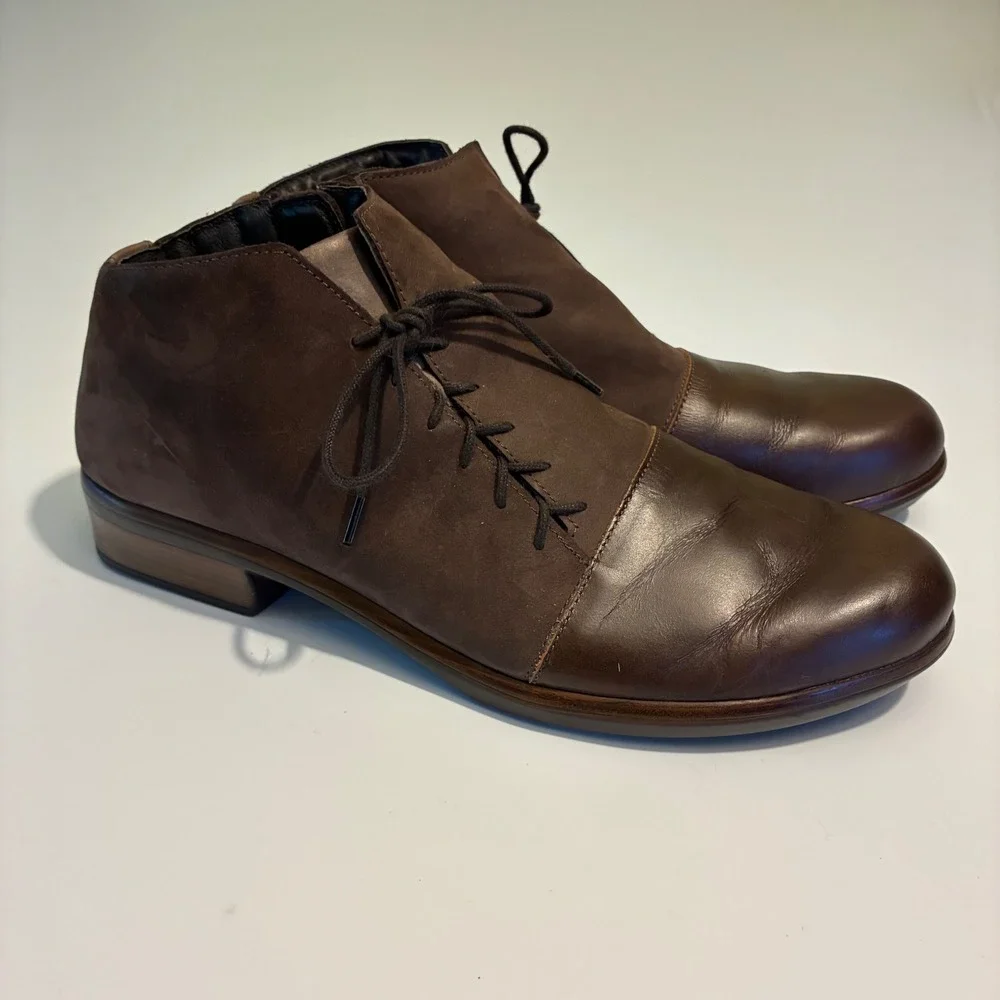 Naot Womens Size 41 L10 Brown Leather Lace Up Side Zip Ankle Boots